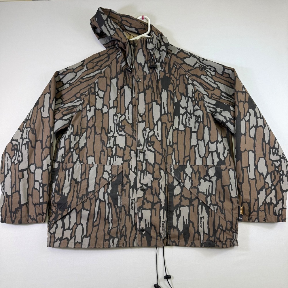 VTG 10x Gore-Tex Rain Jacket Men XL Brown Trebark Camo Waterproof Hunting Hooded
